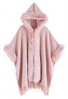 Poncho à Capuche en Fausse Fourrure à Franges en Rose