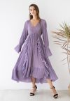 Volant venteuxAsymétrique Plissé Maxi Robe in Lilac Soie Chiffon