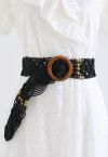 Ceinture tissée à décor de perles avec boucle en bois en noir