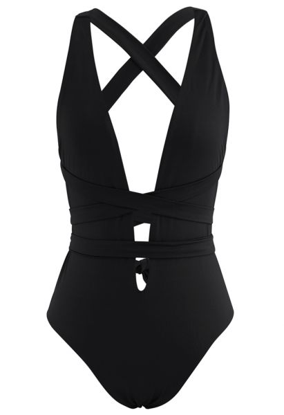 Maillot de bain une pièce à lacets et col en V profond en noir