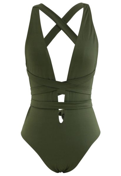 Maillot de bain une pièce à lacets et col en V profond en vert armée