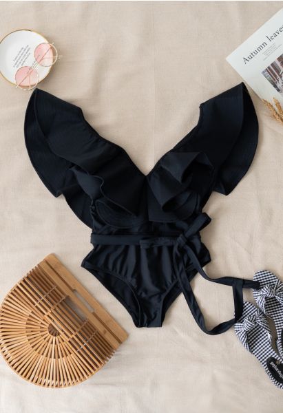 Maillot de bain une pièce à volants et col en V plongeant en noir