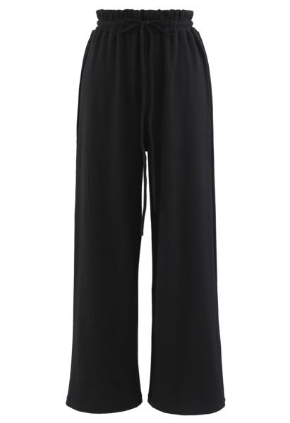 Pantalon de yoga côtelé à taille paper-bag avec cordon de serrage en noir