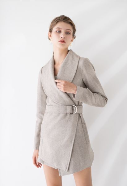 Manteau Rabato Enveloppe Ceinture en Laine Mélangée en Tan Clair