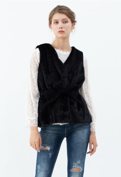 Gilet en fausse fourrure douce Bowknot en noir