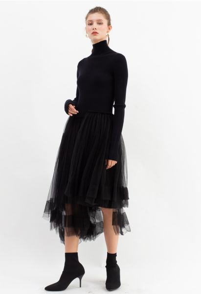 Robe en Maille Asymétrique à Épissure Tricotée en Noir