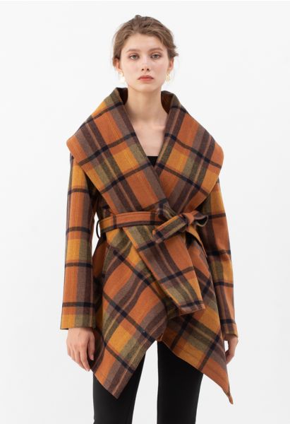 Manteau rabato à carreaux en caramel