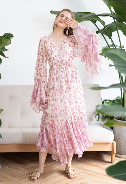 Robe Hi-Lo semi-transparente à petites fleurs et manches kimono