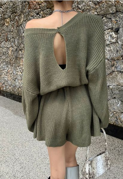 Combi-short en tricot côtelé à taille avec cordon de serrage en vert armée