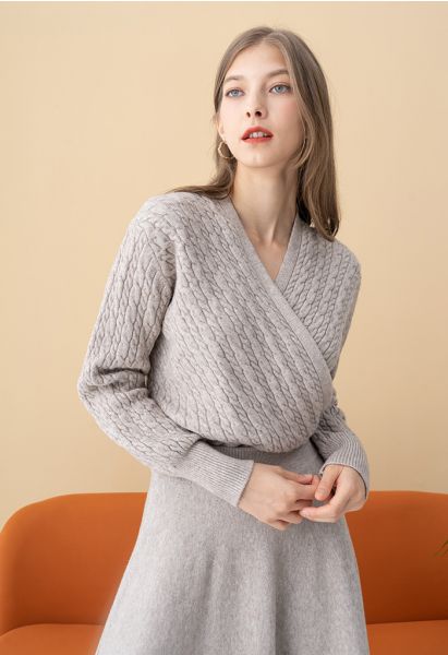 Pull court cache-cœur en tricot torsadé en lin