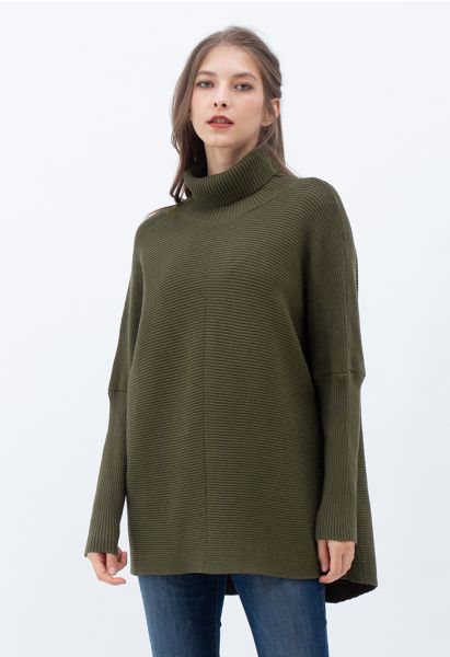 Pull sans effort chic à col roulé et manches chauve-souris en vert armée