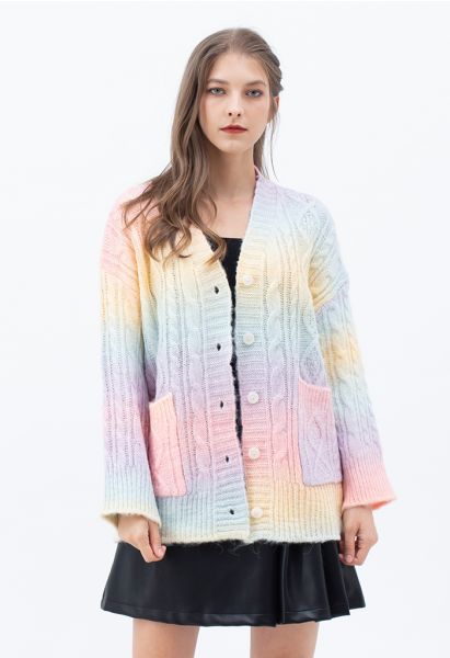 Cardigan en tricot torsadé boutonné arc-en-ciel dégradé