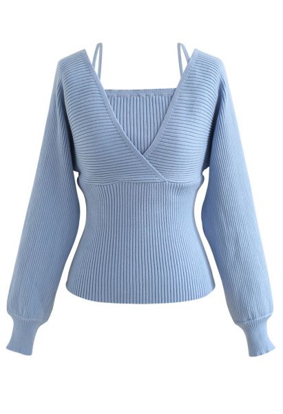 Faux haut en tricot deux pièces à épaules dénudées en bleu poussiéreux