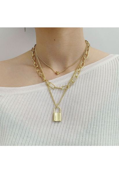 Collier superposé avec pendentif chaîne de verrouillage en or