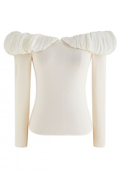 Crop top en tricot froncé à épaules dénudées épissé en crème