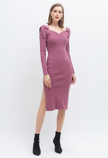 Nœud papillon Épaule Split Côté Robe Moulante en Tricot en Lilas