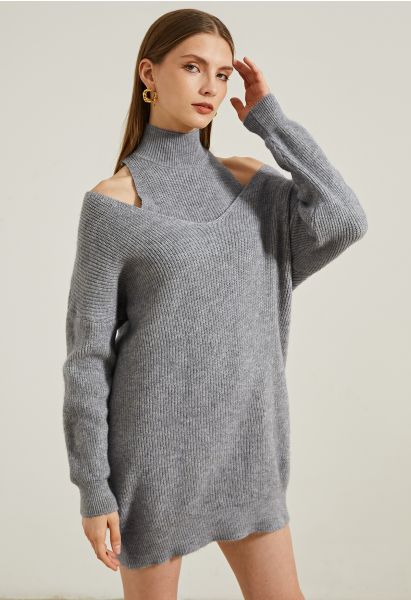 Robe pull deux pièces à épaules dénudées en gris