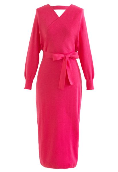 Robe en maille mi-longue enveloppée à manches chauve-souris en rose vif