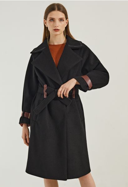 Manteau Long Ceinturé en Laine Mélangée en Noir