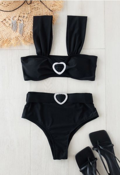 Ensemble de Bikini à Bretelles Crystal Heart en Noir