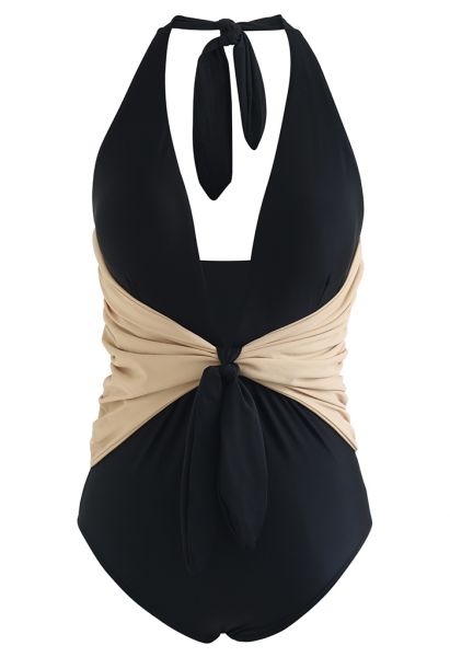 Maillot de Bain Deux Tons à Nouer Bowknot Halter en Noir