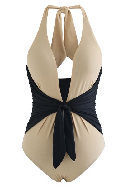 Maillot de Bain Deux Tons à Nouer Bowknot Halter en Camel