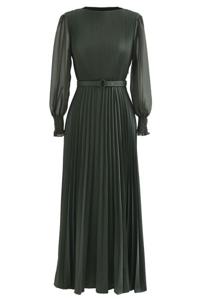 Robe longue ceinturée plissée en vert foncé