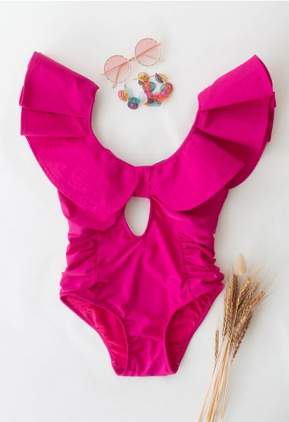 Maillot de bain une pièce à volants et col en V plongeant en magenta