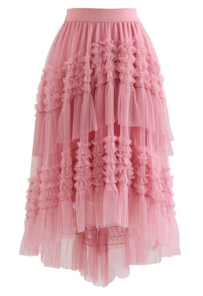 Jupe en tulle à volants Hi-Lo Mesh en rose