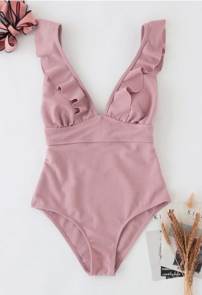 Maillot de bain à volants et lacets en V profond en rose