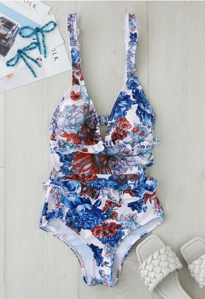 Maillot de bain fleuri à volants dans le dos