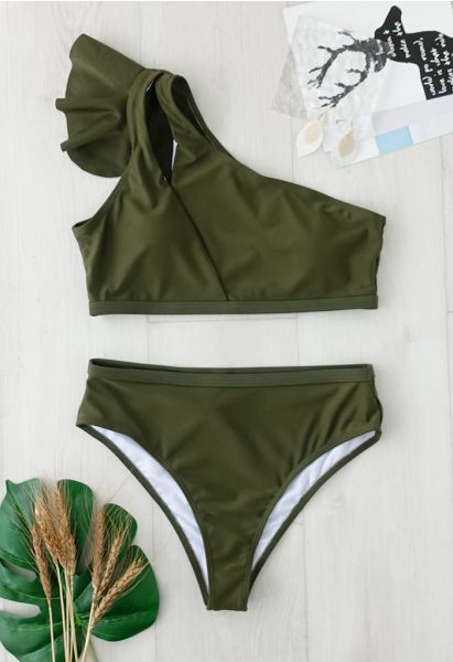 Ensemble de bikini à une épaule découpé à volants vert armée