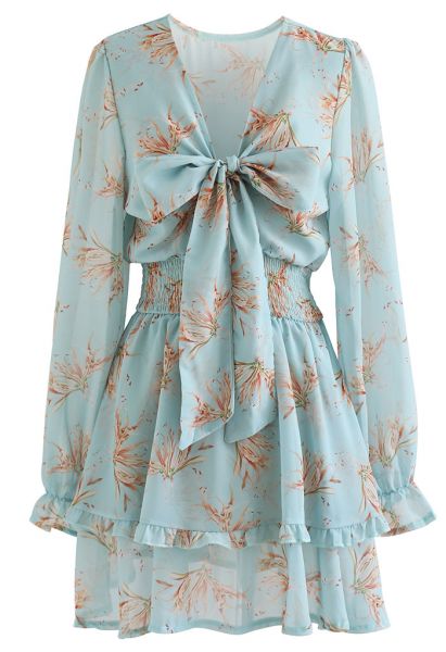 Mini-robe en mousseline à fleurs avec nœud sur le devant, bleu sarcelle