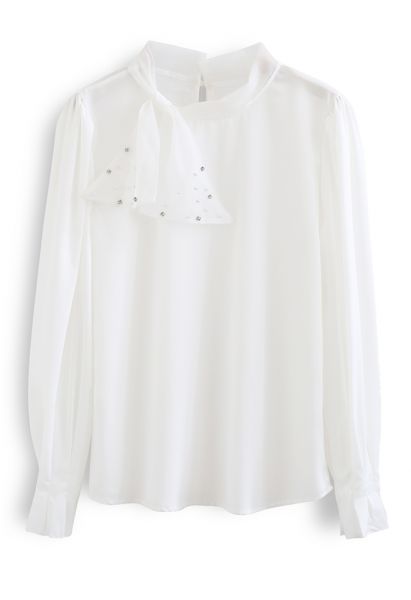 Chemise en Satin Nœud Papillon en Maille Nacrée en Blanc