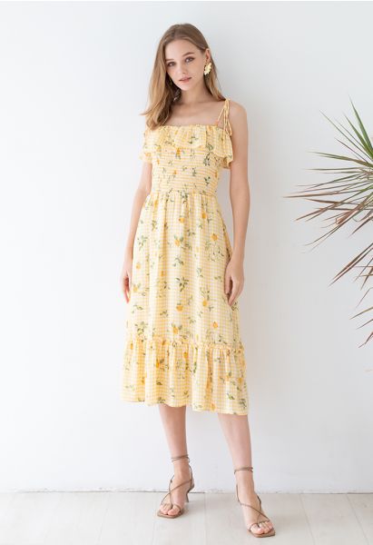 Robe mi-longue froncée à imprimé citron et vichy