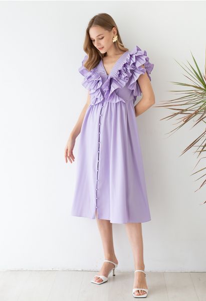 Robe plissée à volants et boutonnée à col en V profond en lilas