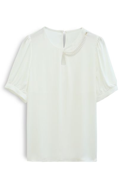 Collier Top en Satin à Manches Courtes en Blanc