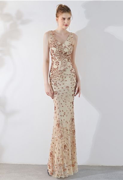 Robe sirène en tulle à sequins Floral Vine en champagne