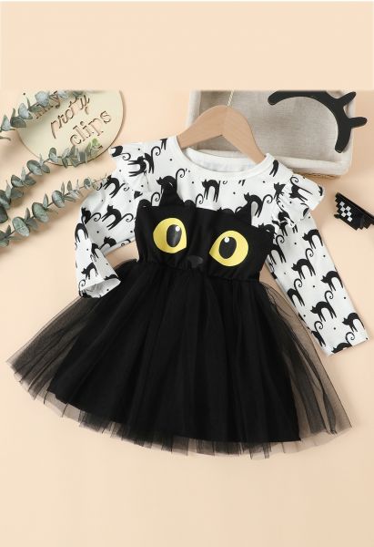 Robe épissée en tulle à volants Black Owl pour enfants en blanc