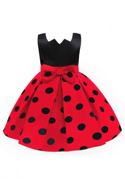 Robe de Princesse Plissée Bowknot à Pois en Rouge