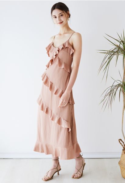 Robe caraco à volants et fente latérale en rose