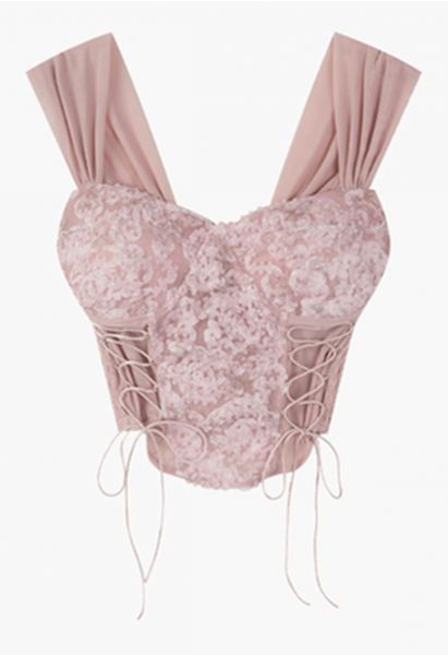 Crop top bustier à lacets fleur 3D en rose