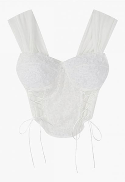 Crop top bustier à lacets fleur 3D en blanc