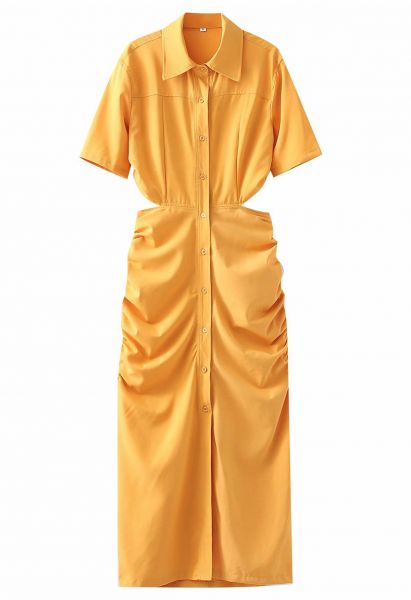 Robe chemise froncée sur le côté à la taille avec découpe en jaune