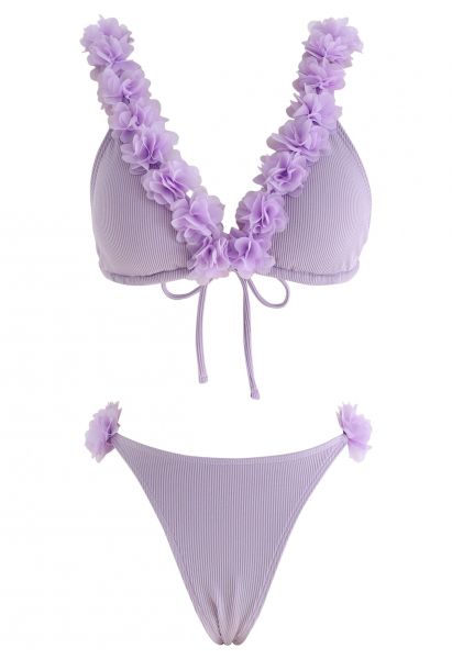 Ensemble Bikini 3D Fleur en maille Deep-V - Lilas