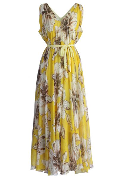 Robe Merveilleuse Florale Longue en Mousseline de Soie Jaune