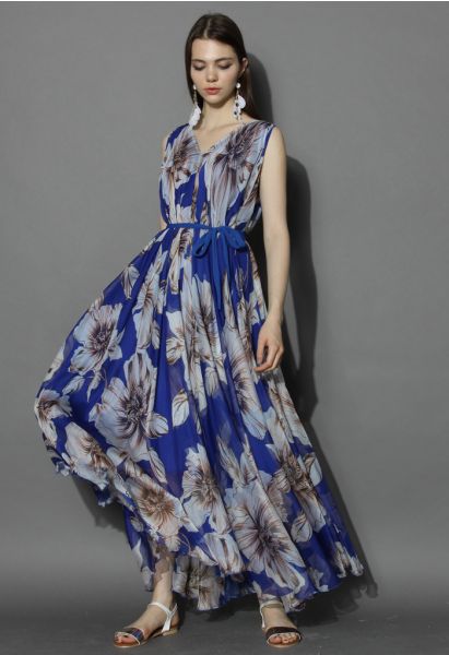 Robe Merveilleuse Florale Longue en Mousseline de Soie Bleu