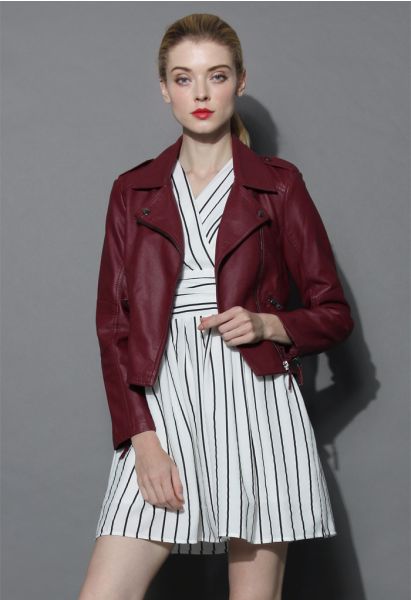 Chic et Mode Veste de motard en Faux Cuir Rouge Vineux