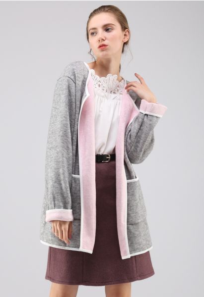 Manteau en tricot à devant ouvert et contraste contrastant gris