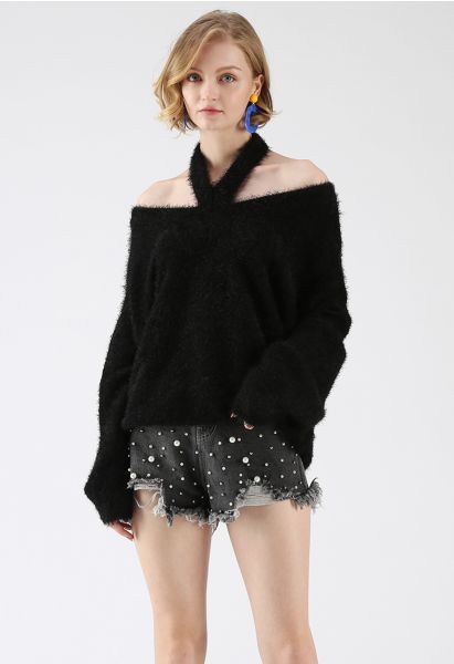 Gardez Moi Cosy Pull en maille à épaule dégagée et pelucheuse Noir